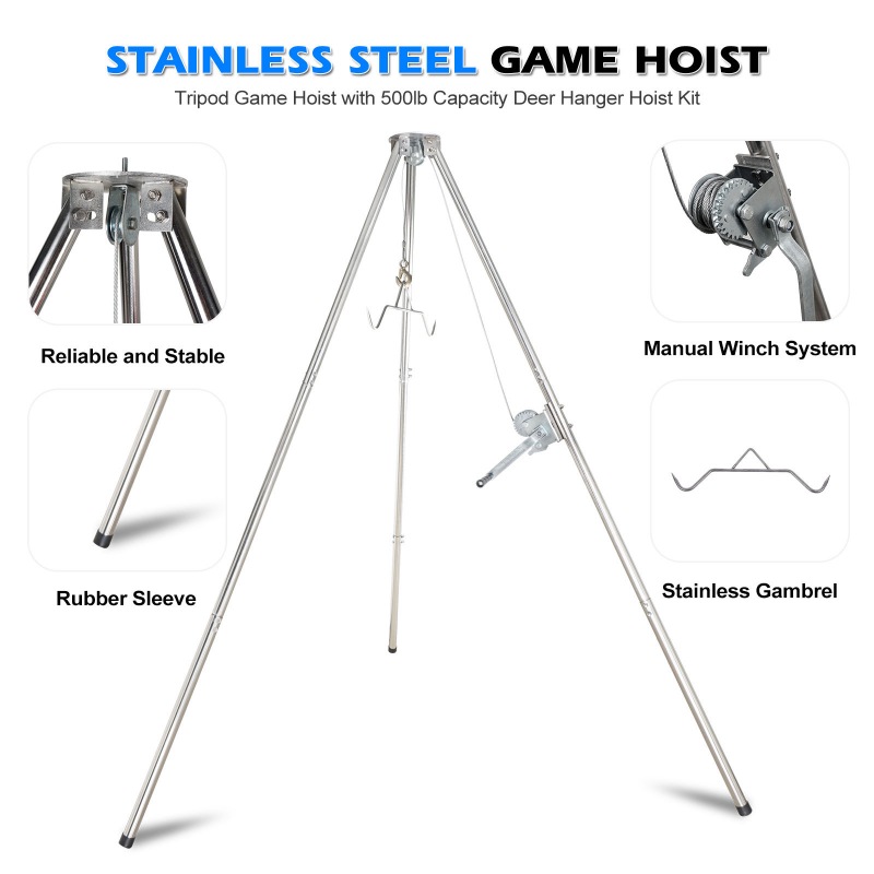 Stainless Steel Tripod Game Hoist With Gambrel And Manual Winch