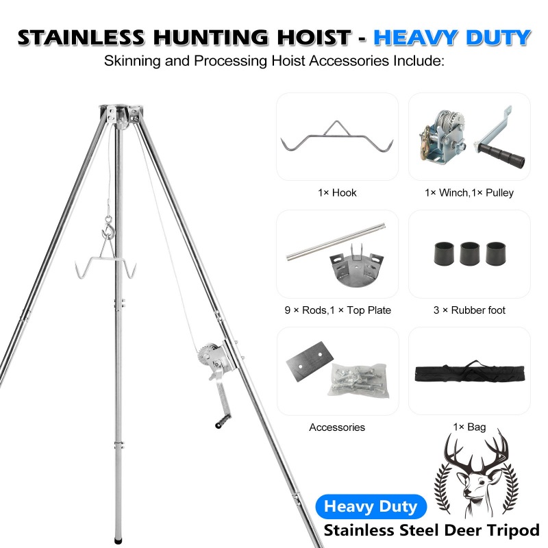 Stainless Steel Tripod Game Hoist With Gambrel And Manual Winch