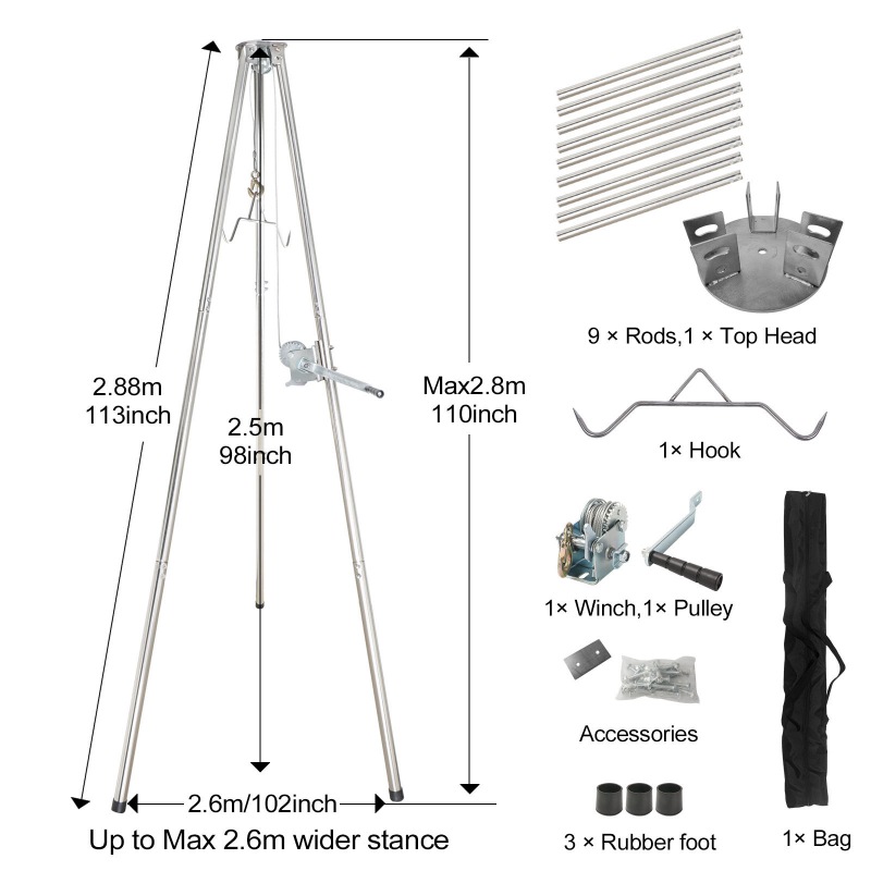Stainless Steel Tripod Game Hoist With Gambrel And Manual Winch